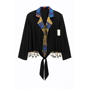 Vintage phoebe woman Black Beaded Over Shirt Geometric Collar Tie Front 2XL